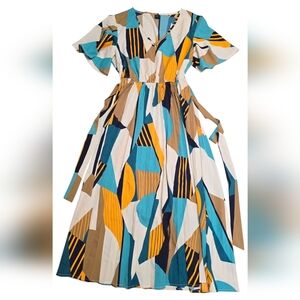 SHEIN Geometric Print Maxi Dress in Teal, Mustard, Navy & Cream